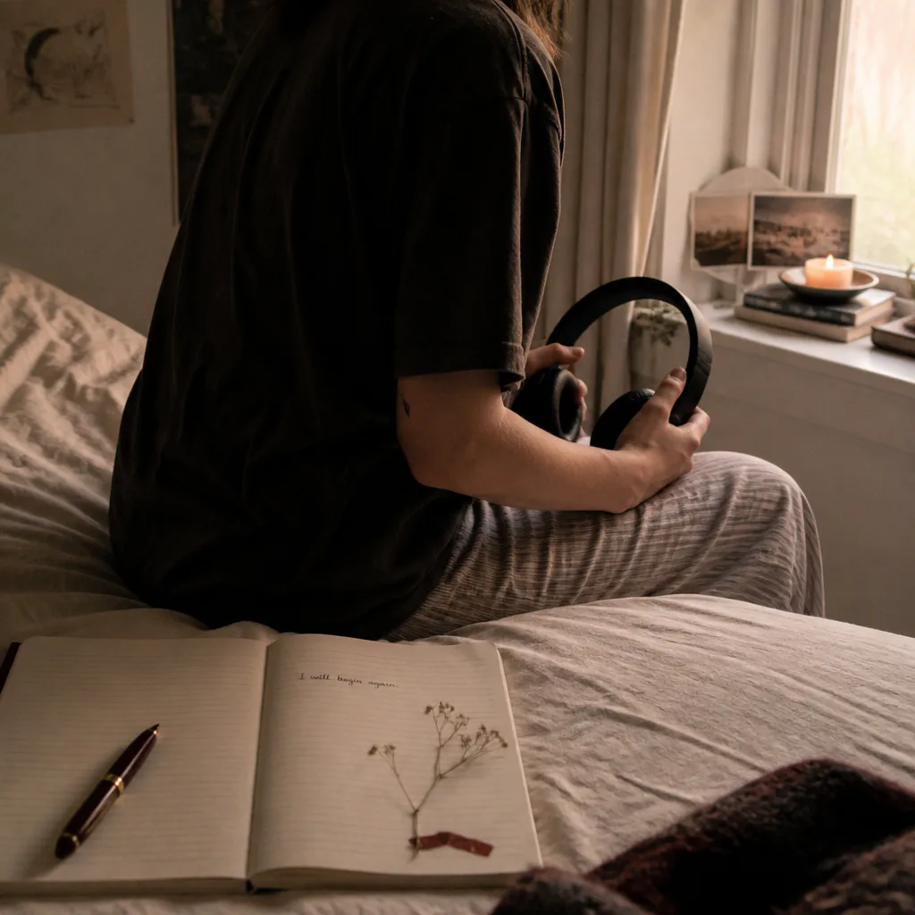Person holding headphones before morning audio practice