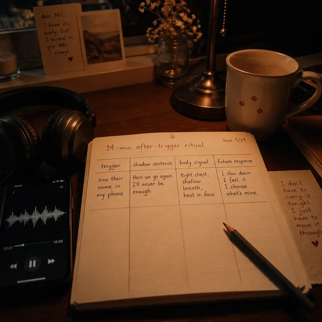 Cuaderno y audífonos para reflexionar después de un detonante