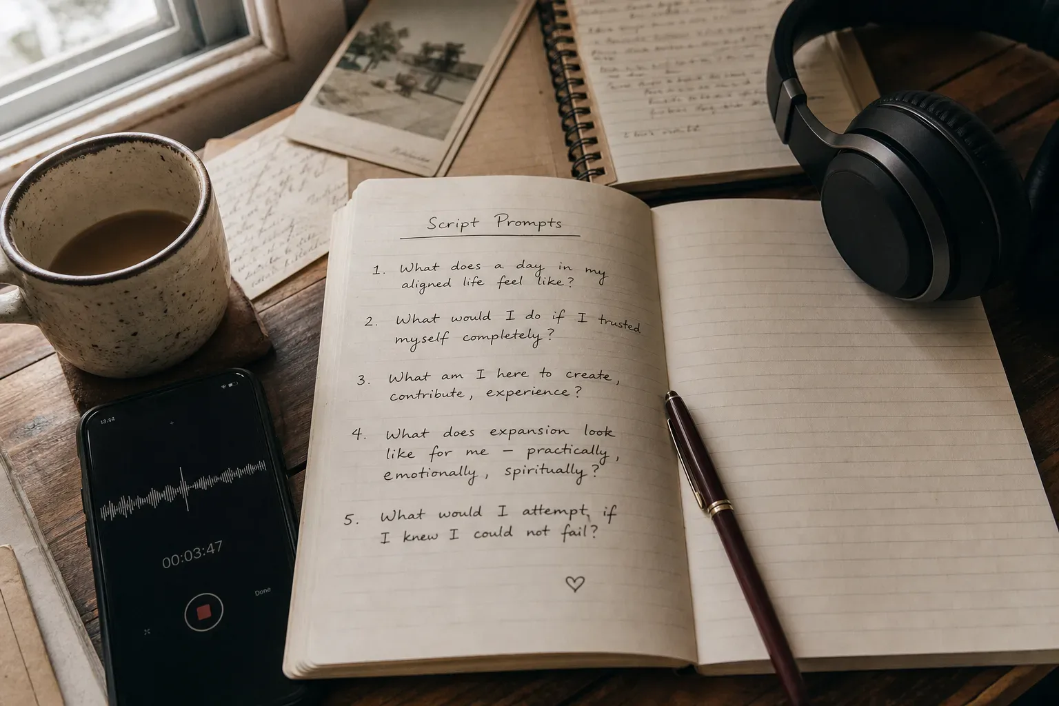 Notizbuch und Kopfhörer neben einem Morgenkaffee