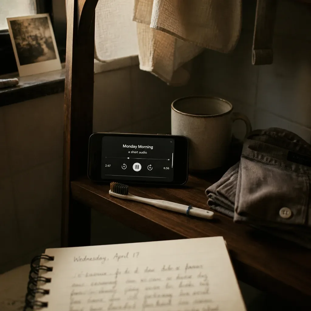 Handy spielt Future-Self-Audio während der Morgenroutine ab