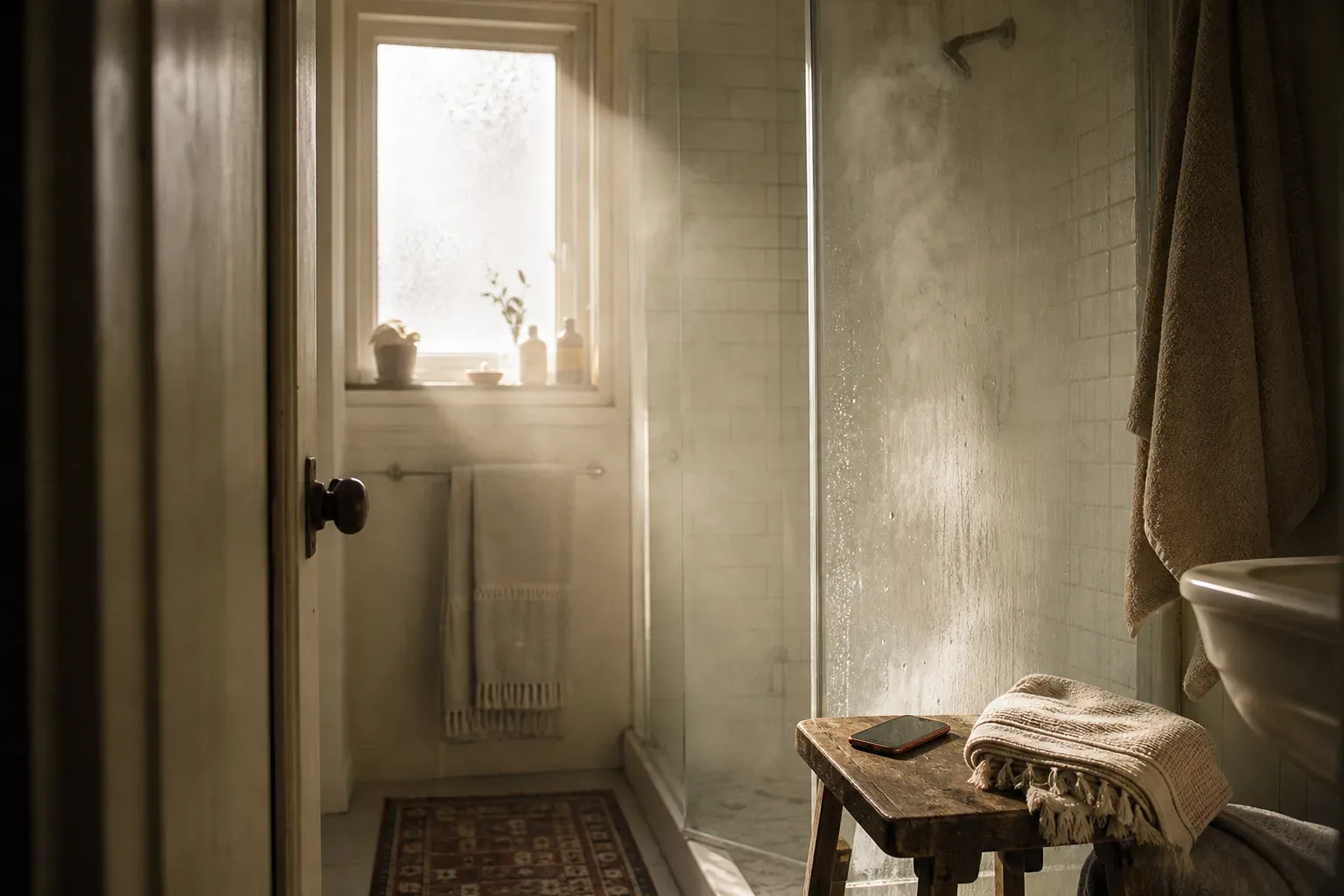 Steam rising in a quiet morning bathroom