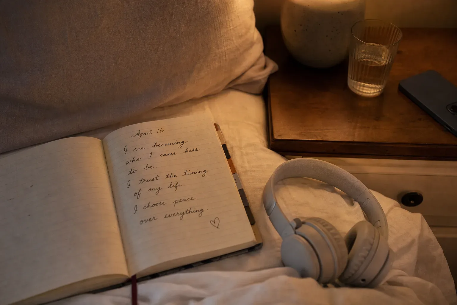Bedside journal beside headphones and a dim lamp