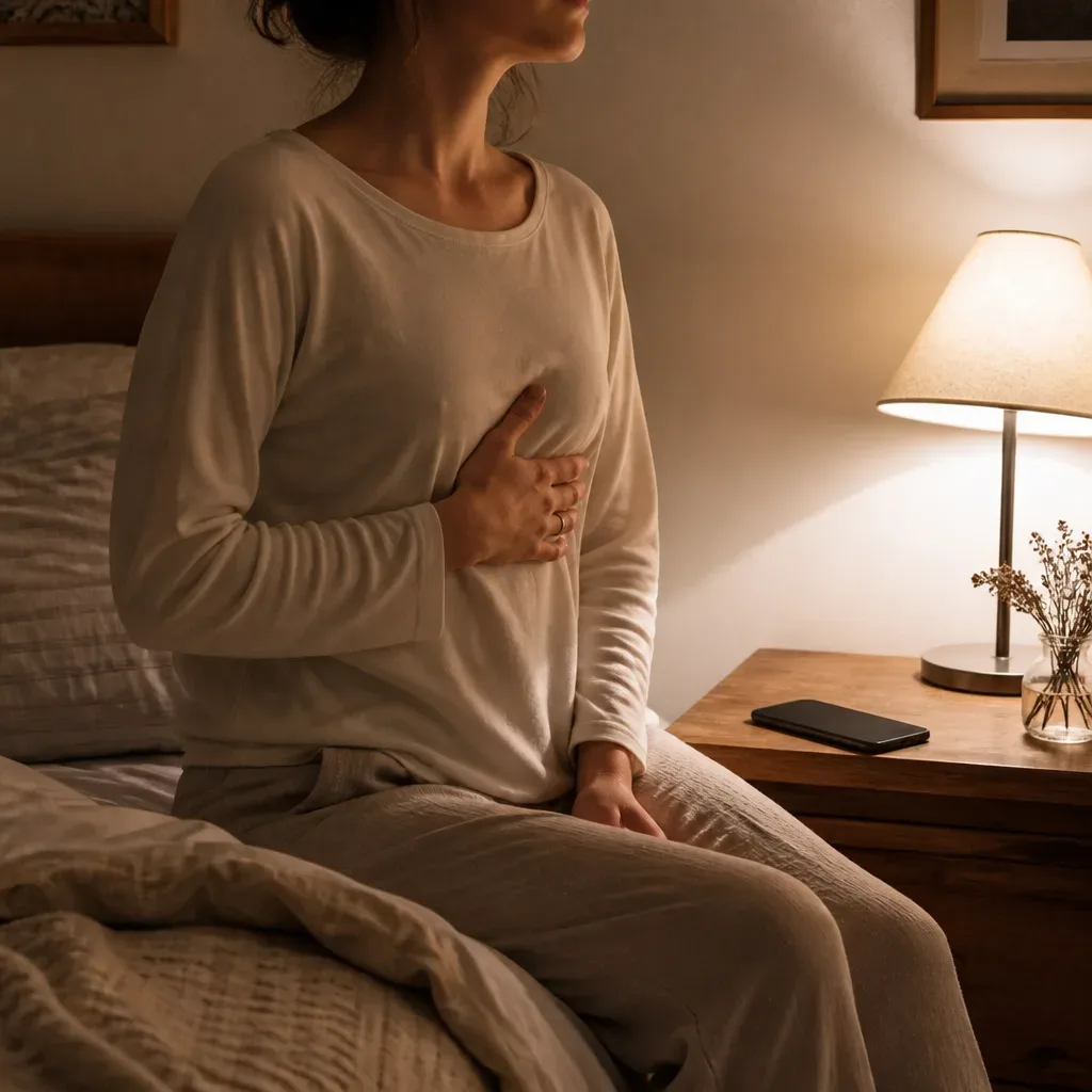 Person breathing quietly on the edge of bed