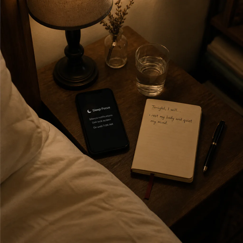 Bedside table prepared for a short audio ritual