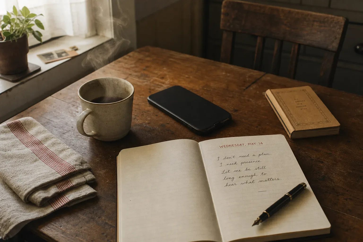 Phone face down beside tea and notebook