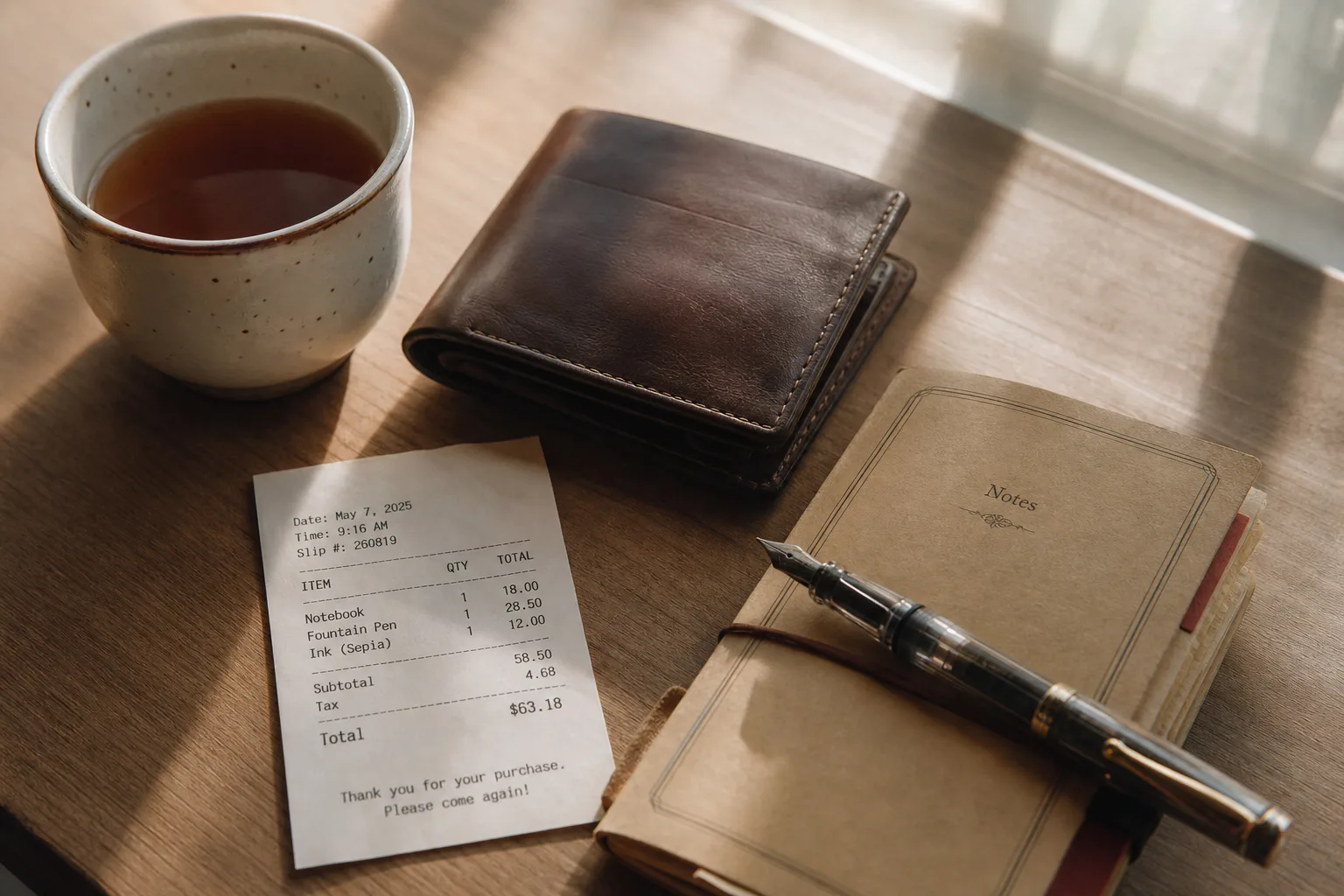 Person holding receipt beside a softly lit notebook