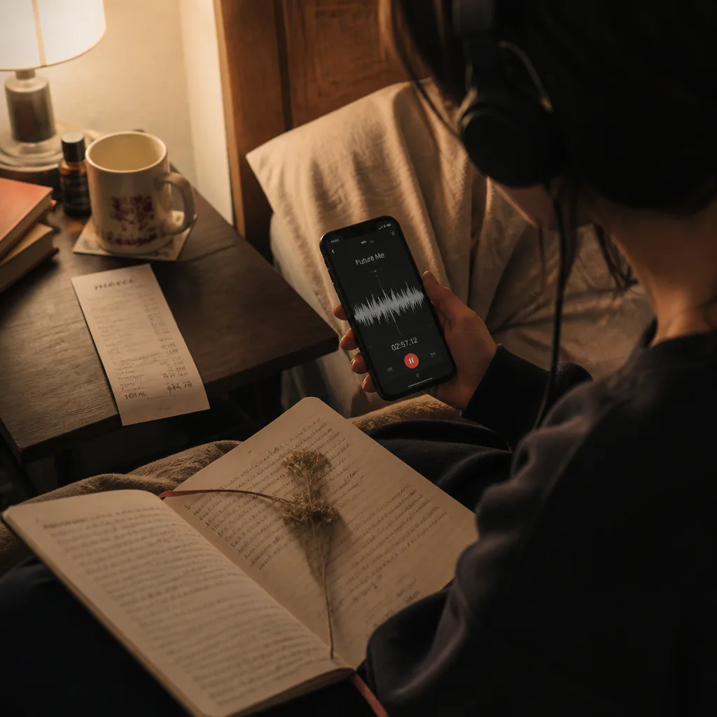 Person listening to audio beside a receipt