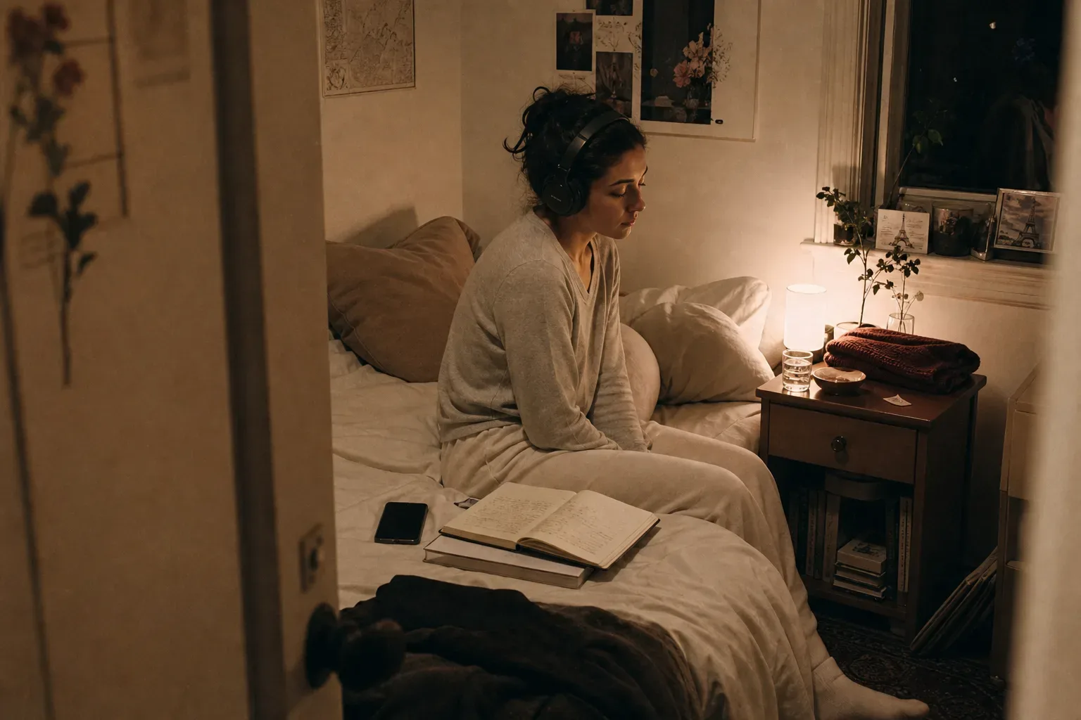 Person listening quietly beside a dim bedside lamp