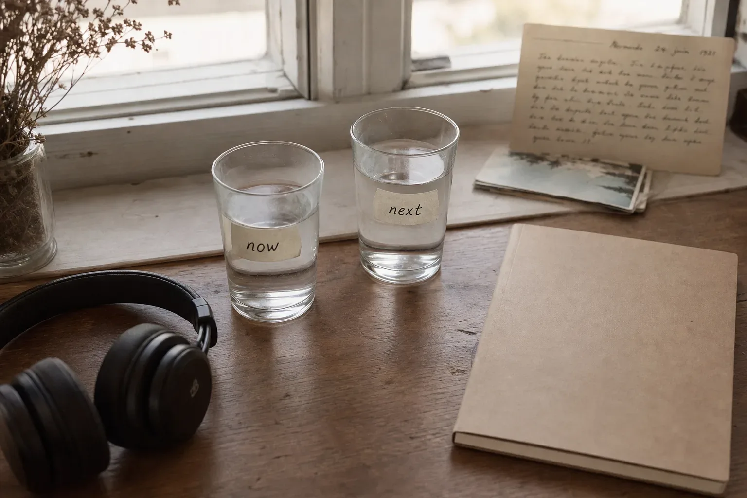 Two glasses beside headphones on a quiet desk