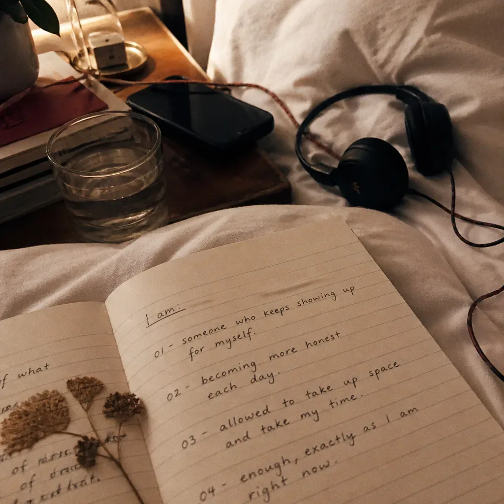Headphones beside notebook and water glass