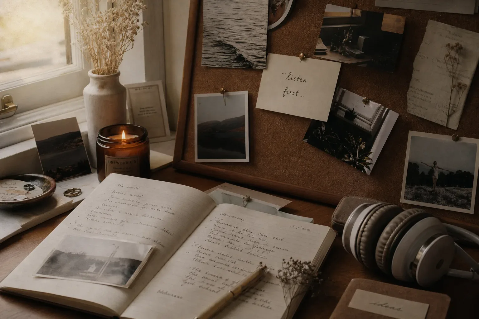 Quiet desk with vision board and headphones