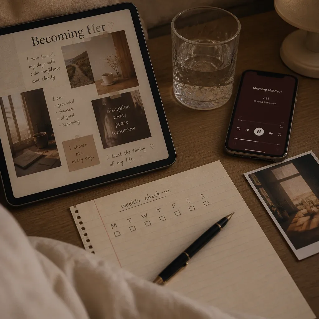 Tablet vision board beside audio and tracker