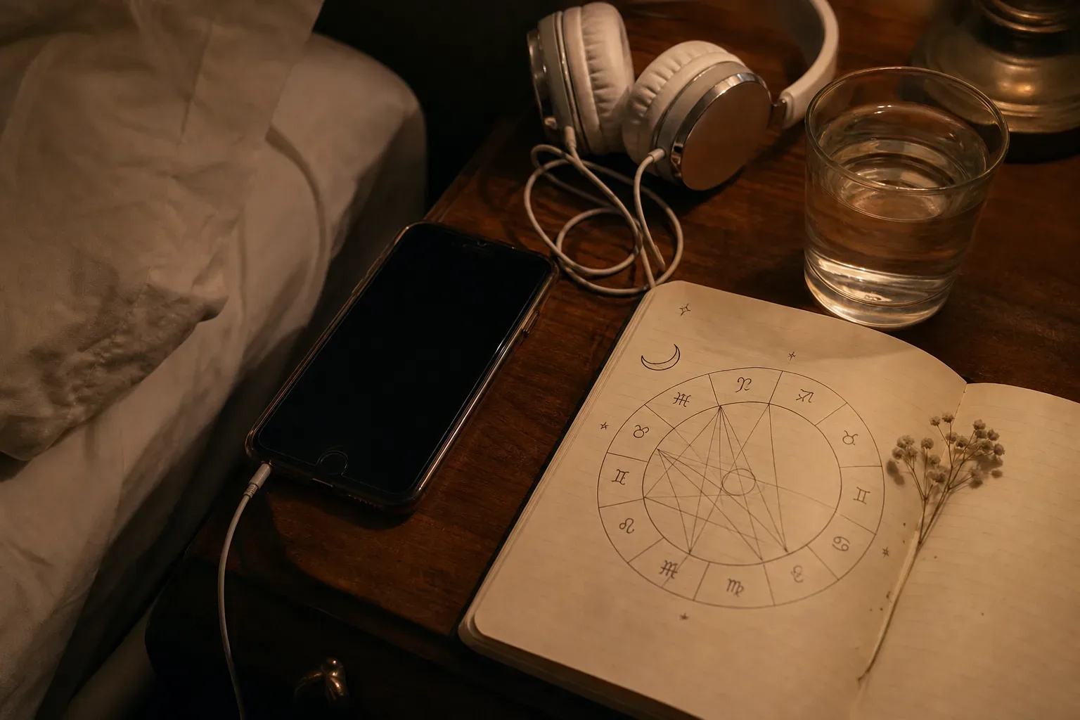 Quiet bedroom with headphones and an open astrology notebook