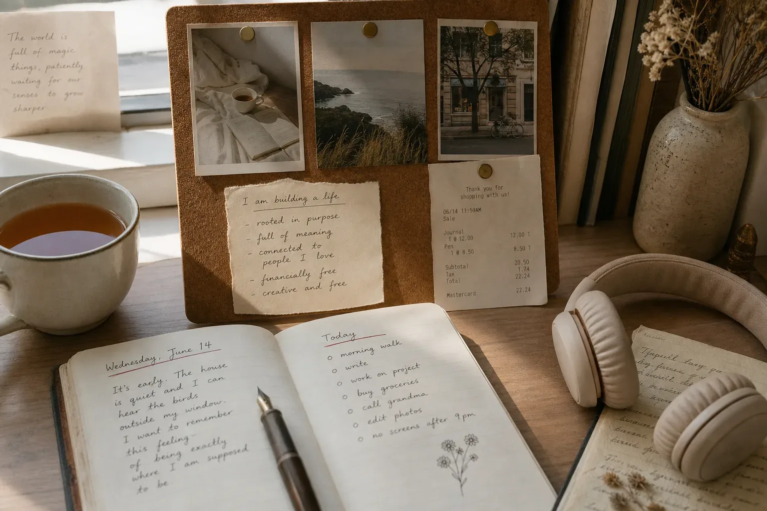Quiet desk with vision board notes and headphones