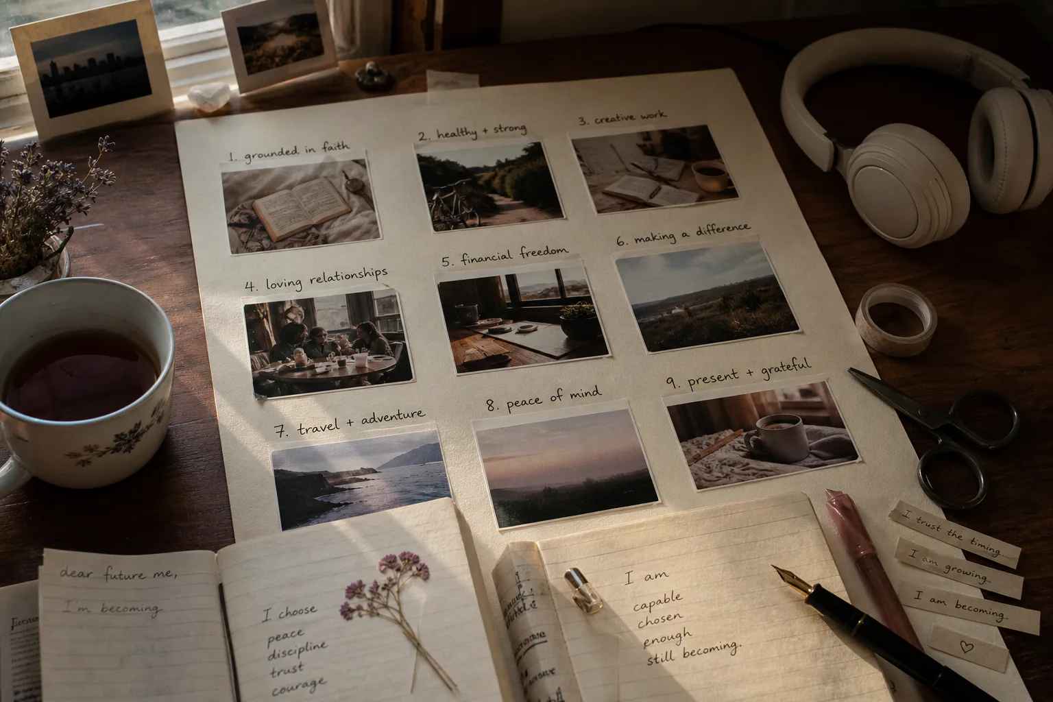 Quiet desk with vision board cards and headphones