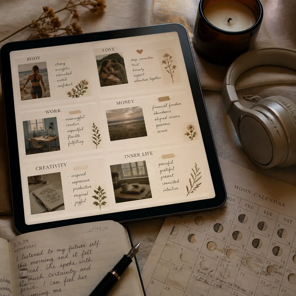 Tablet vision board beside headphones and moon calendar