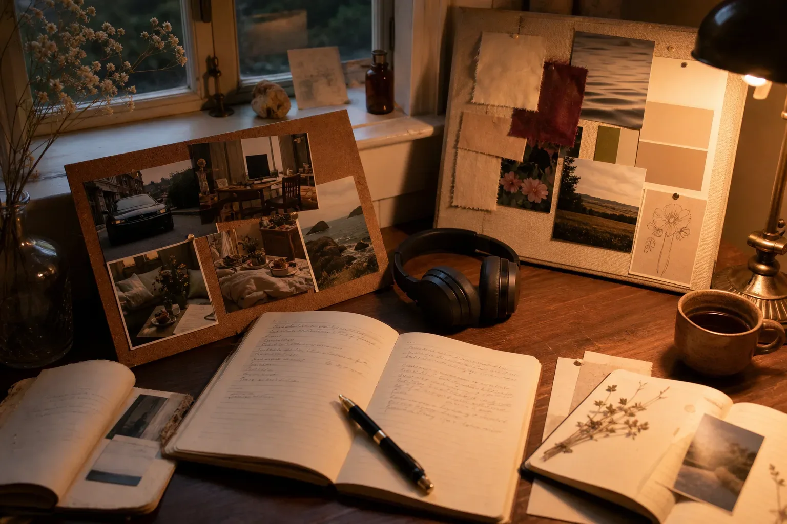 Desk with vision board, mood board, and headphones