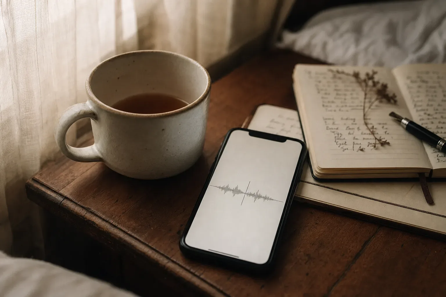 Phone beside tea in a quiet morning room