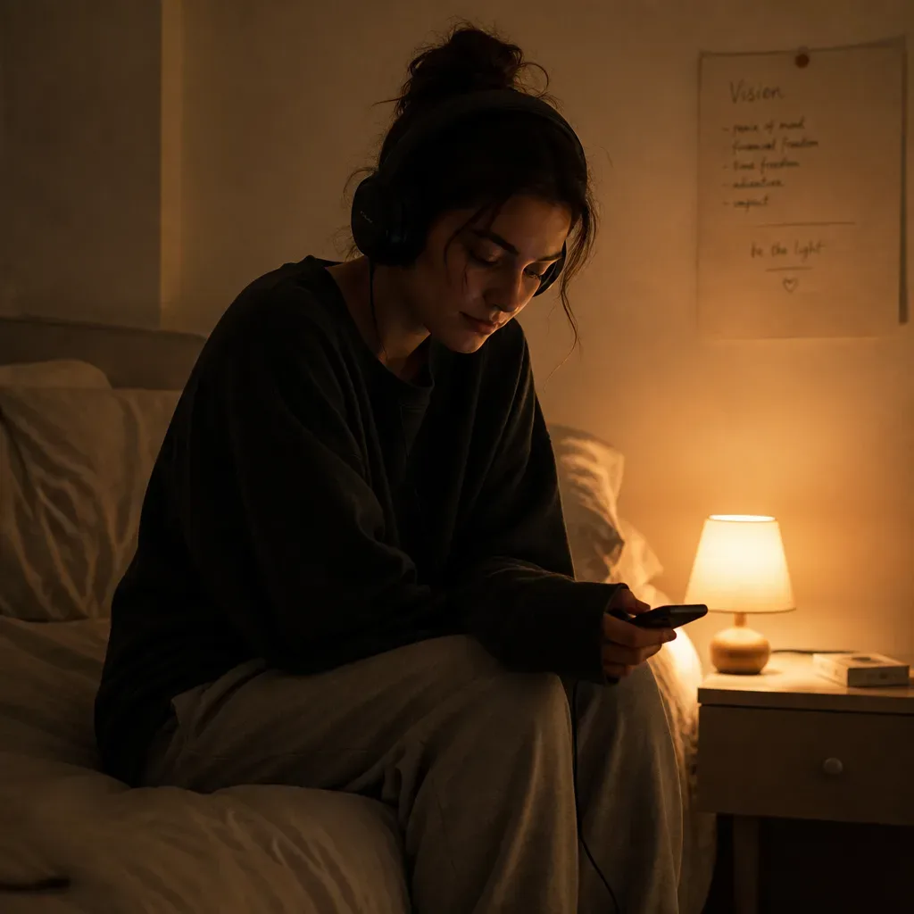 Person listening to audio on a quiet bed