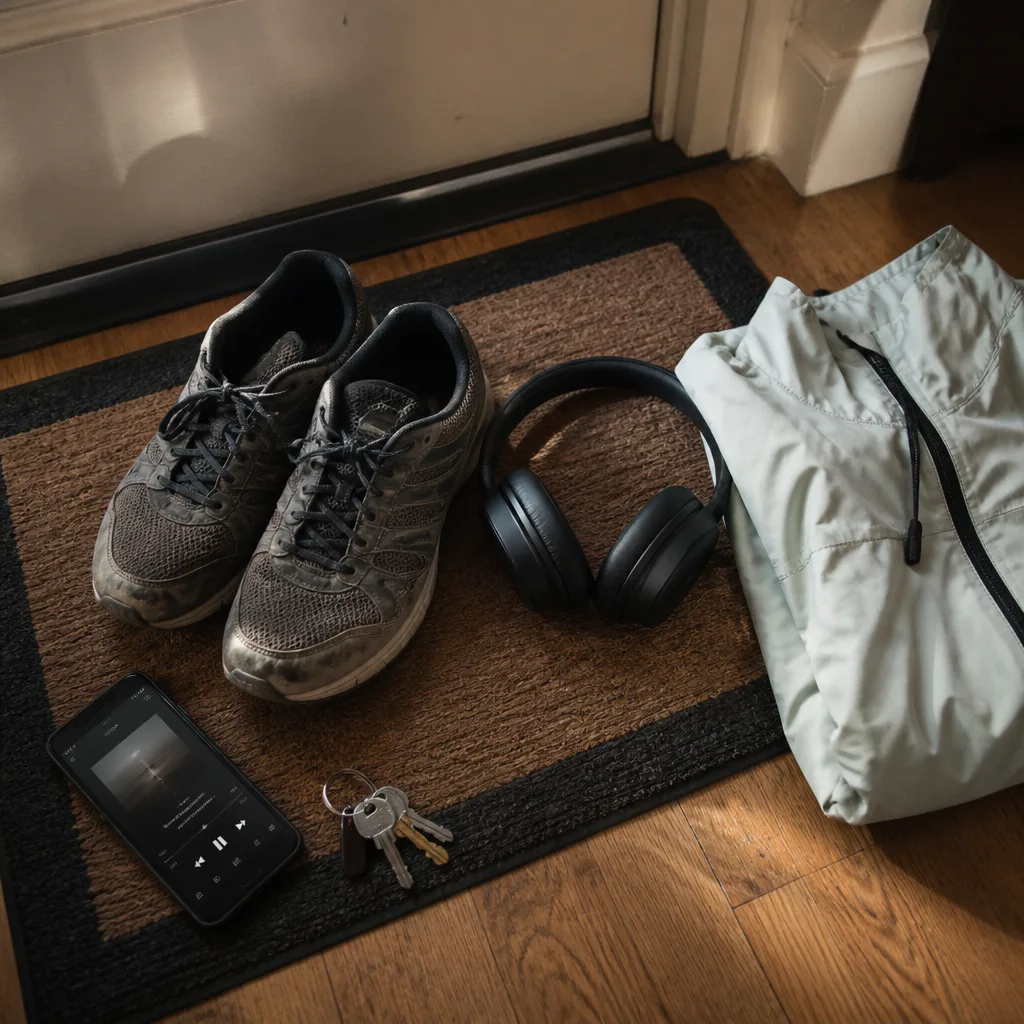 Shoes and headphones prepared by the door