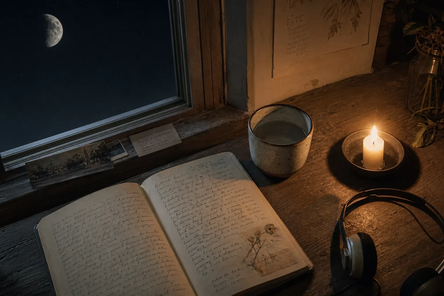 Candlelit notebook under a waning moon