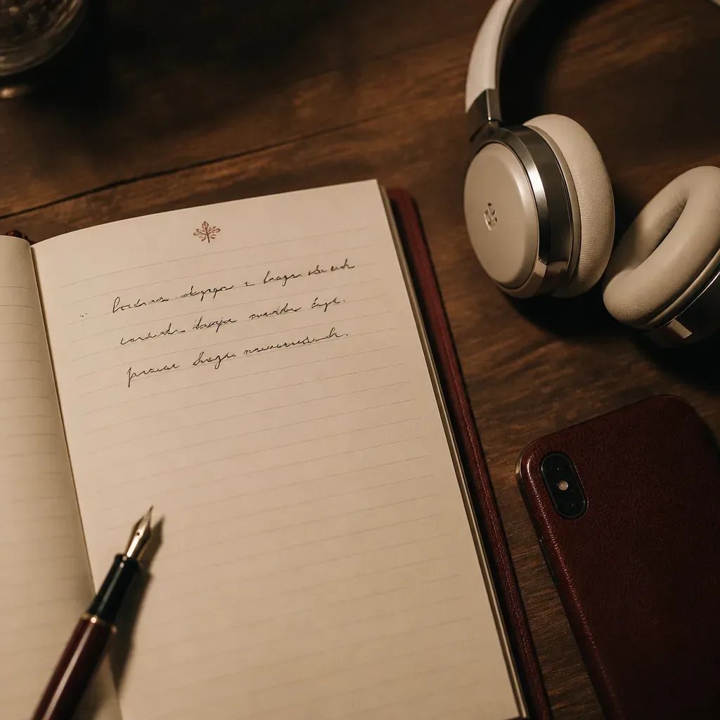 Notebook and headphones for a release ritual