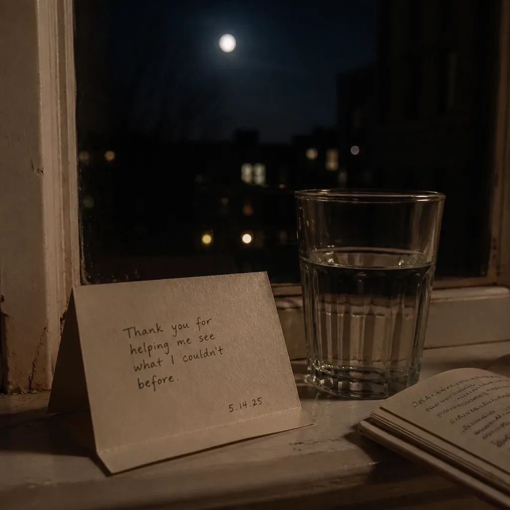 Folded release note beside a glass of water