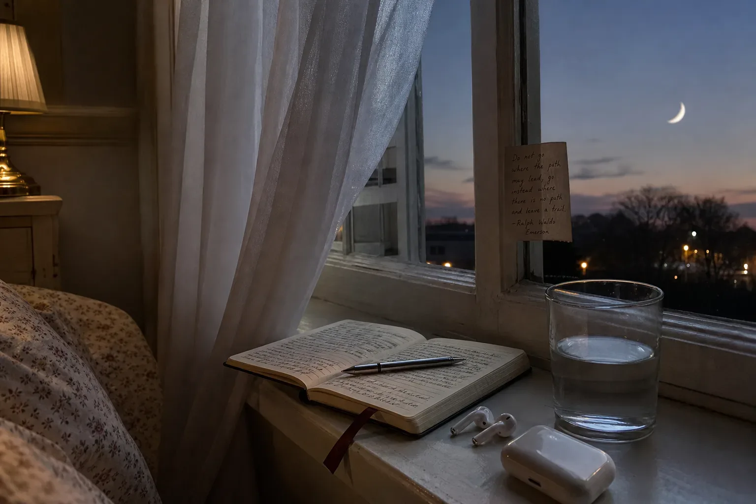 Waxing crescent moon above a quiet bedside ritual
