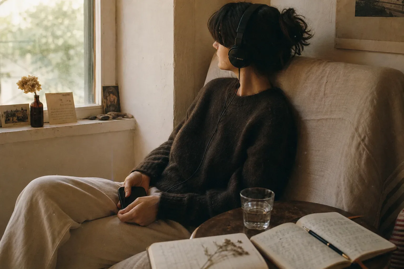 Person listening quietly beside a morning window