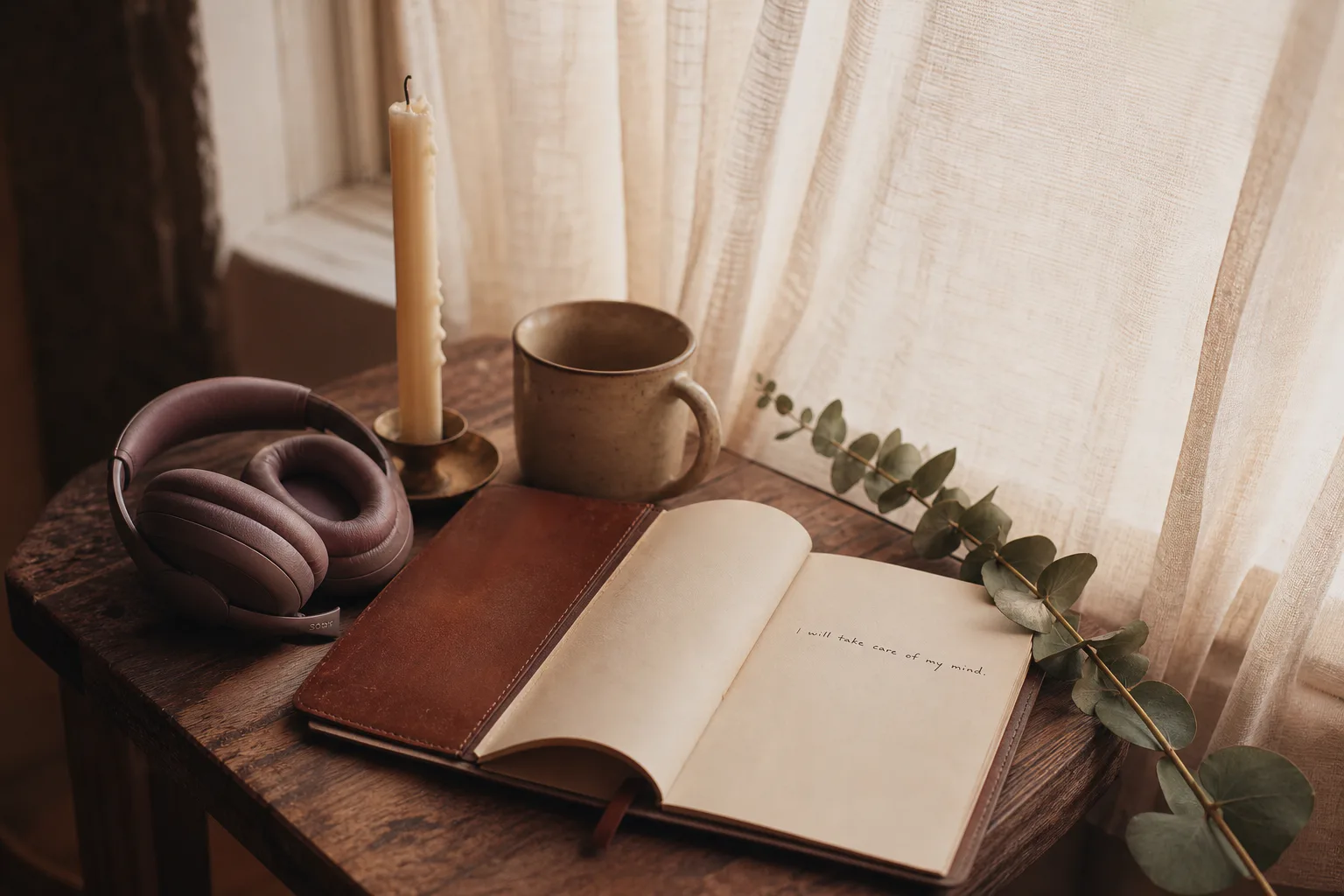 Headphones resting on top of an open lined notebook on a wooden table beside a fountain pen and a small ceramic mug.