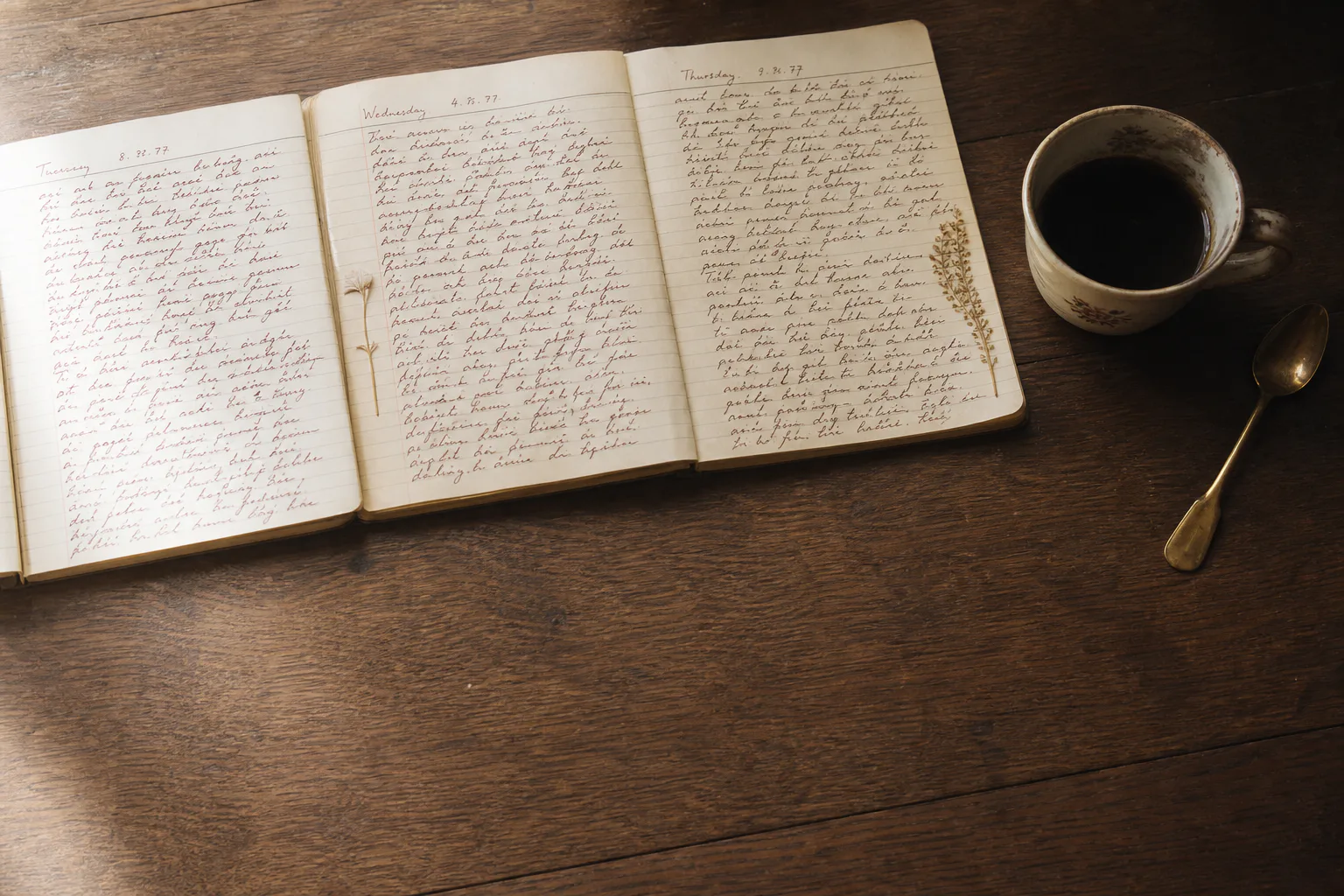 Three handwritten pages on a wooden table beside a cup of coffee at first light.