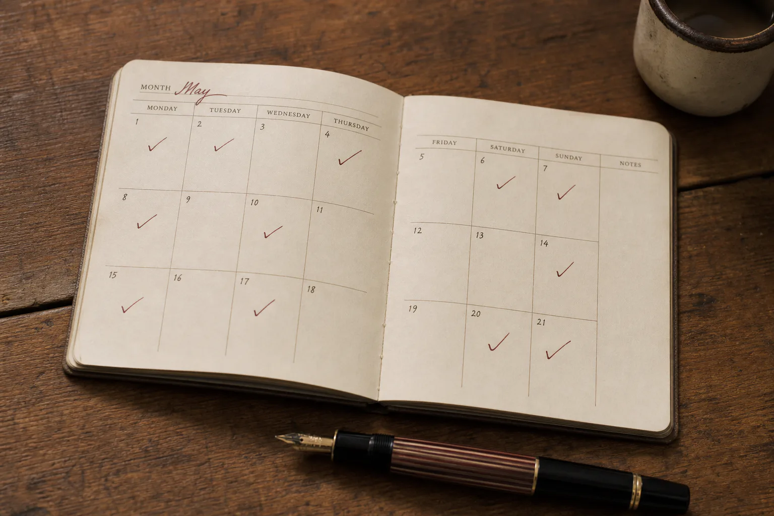 A pocket calendar with handwritten check marks on a wooden table next to a fountain pen.