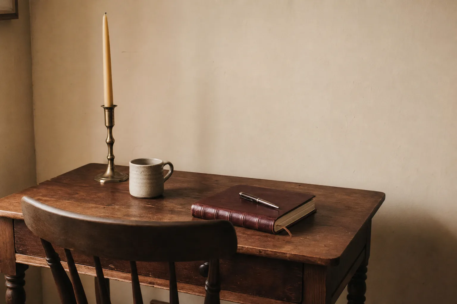 A small wooden writing table with a notebook, a pen, and a chair pulled in close, lit by soft morning light.